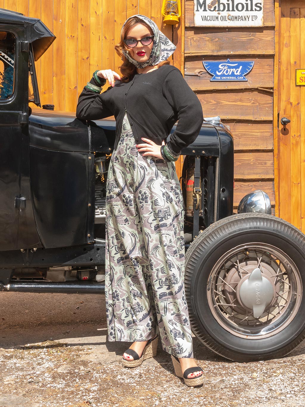 1950s black cotton cardigan worn with vintage beach pyjamas