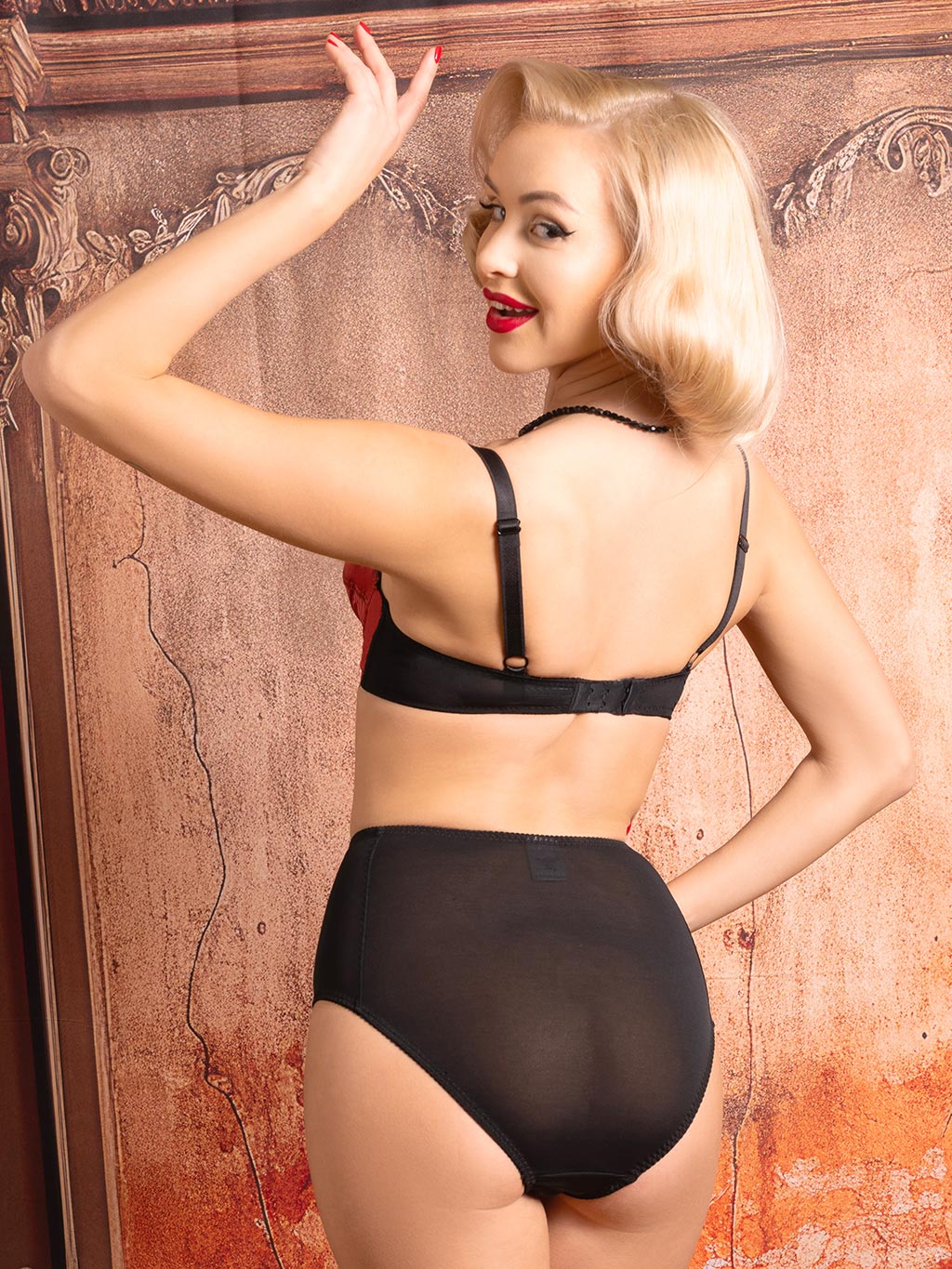 back view 1950s high waist knickers and bra in copper satin