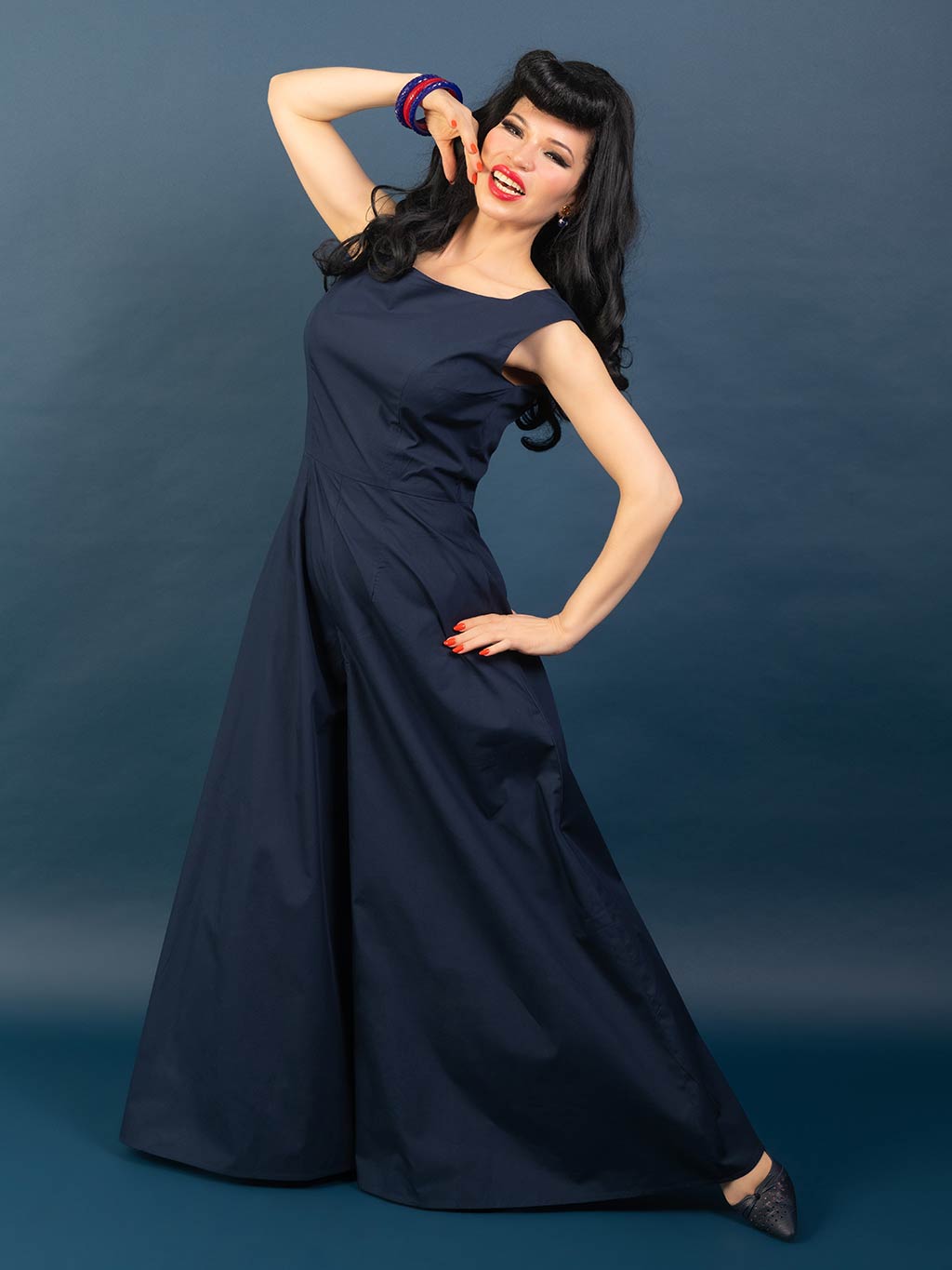 retro navy blue cotton wide leg jumpsuit