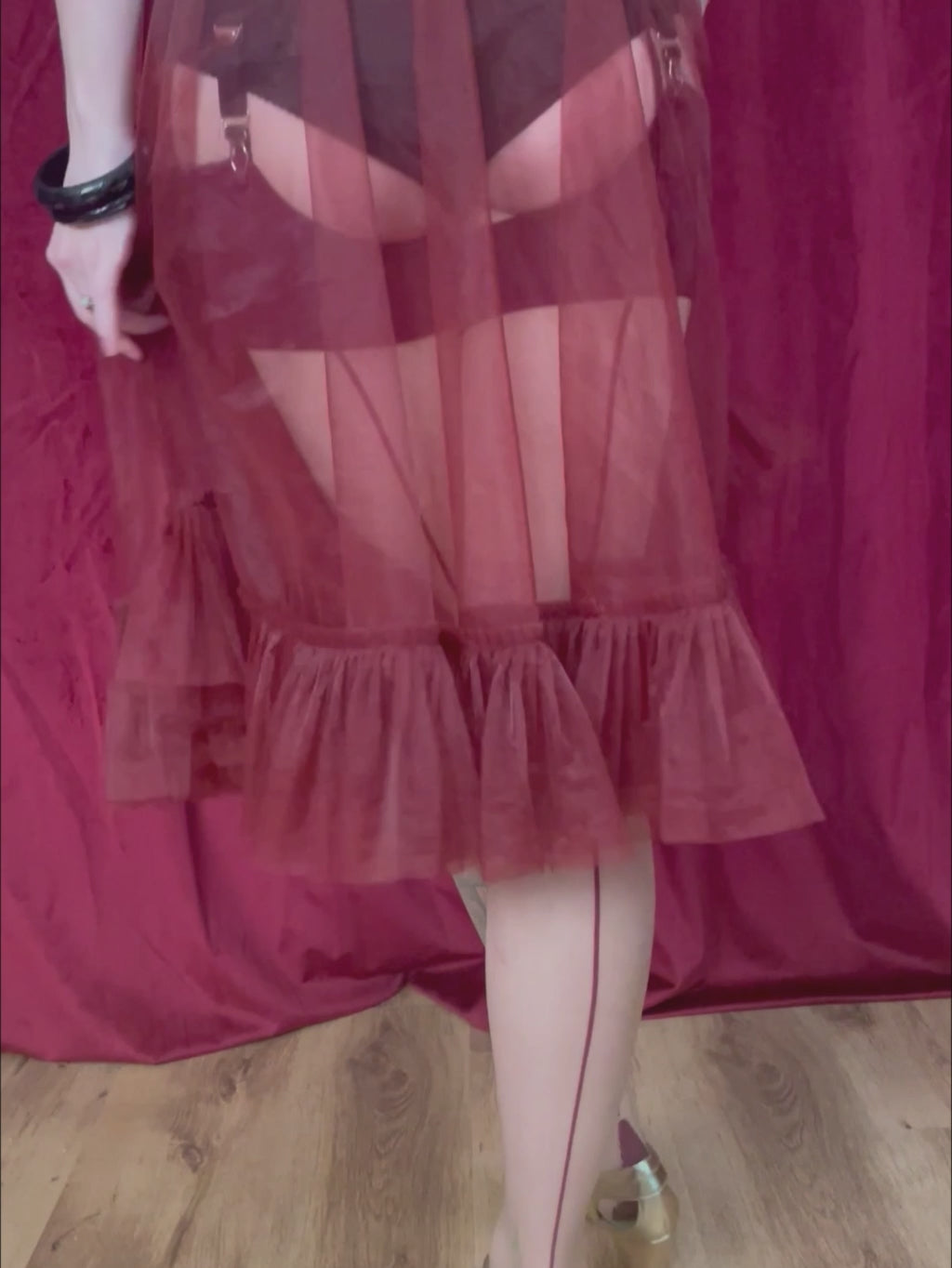 Claret frilly petticoat showing deep hem frill