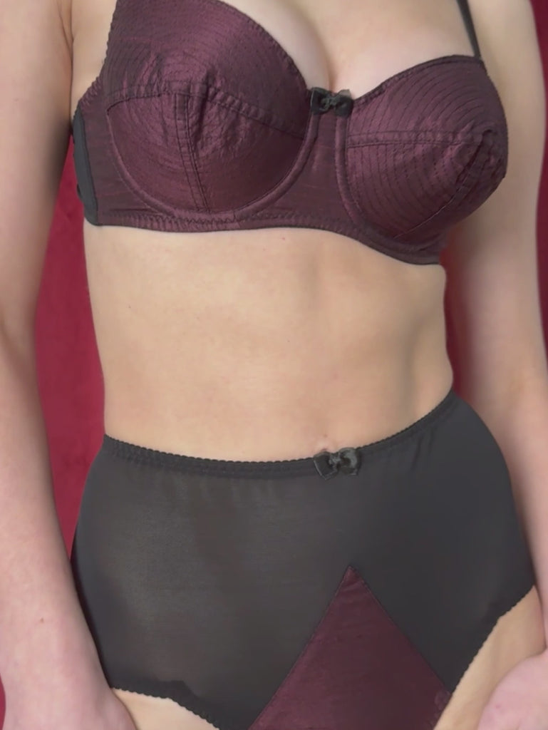 burgundy high waist knickers worn with matching bra