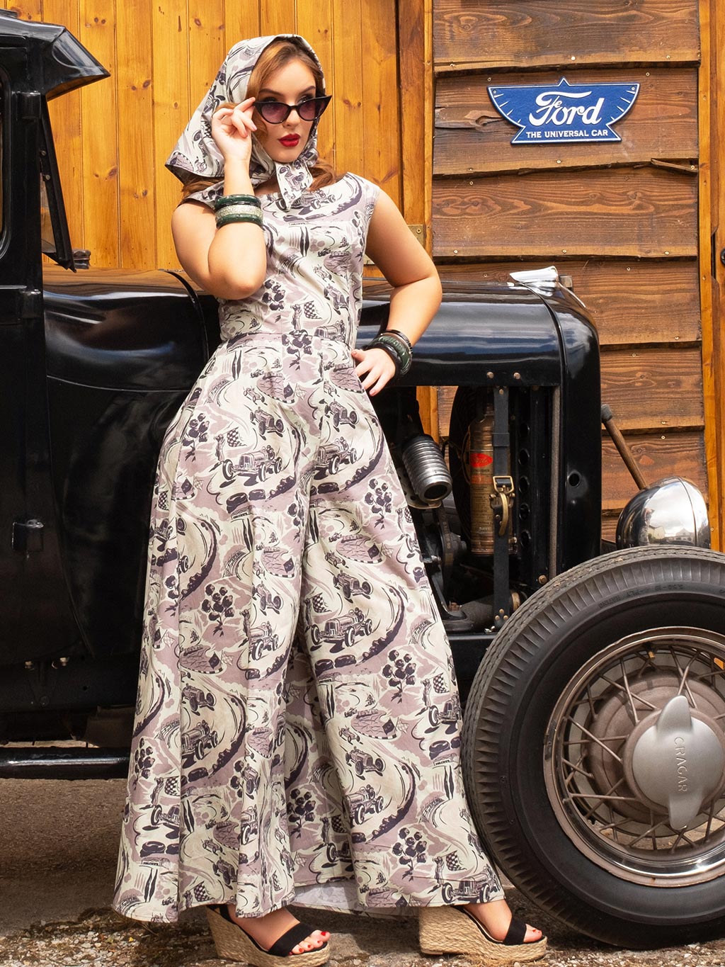 Model wearing Remus Racetrack Beach Pyjamas at vintage motorsport event